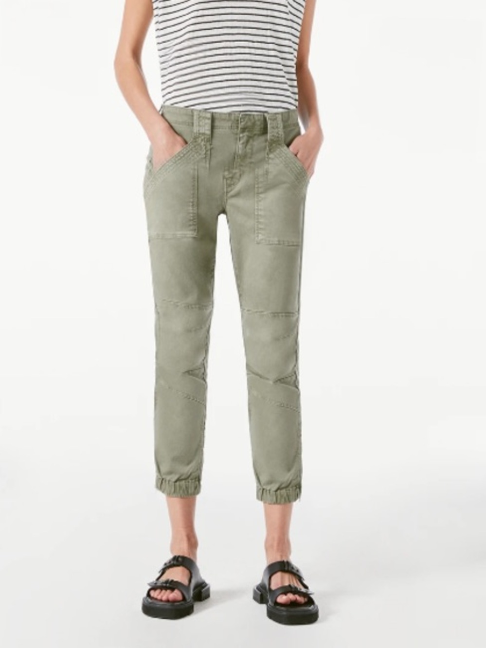 FRAME Denim Trapunto Moto Pant Aloe Green Crop Cargo Utility Pants Zipper Ankle